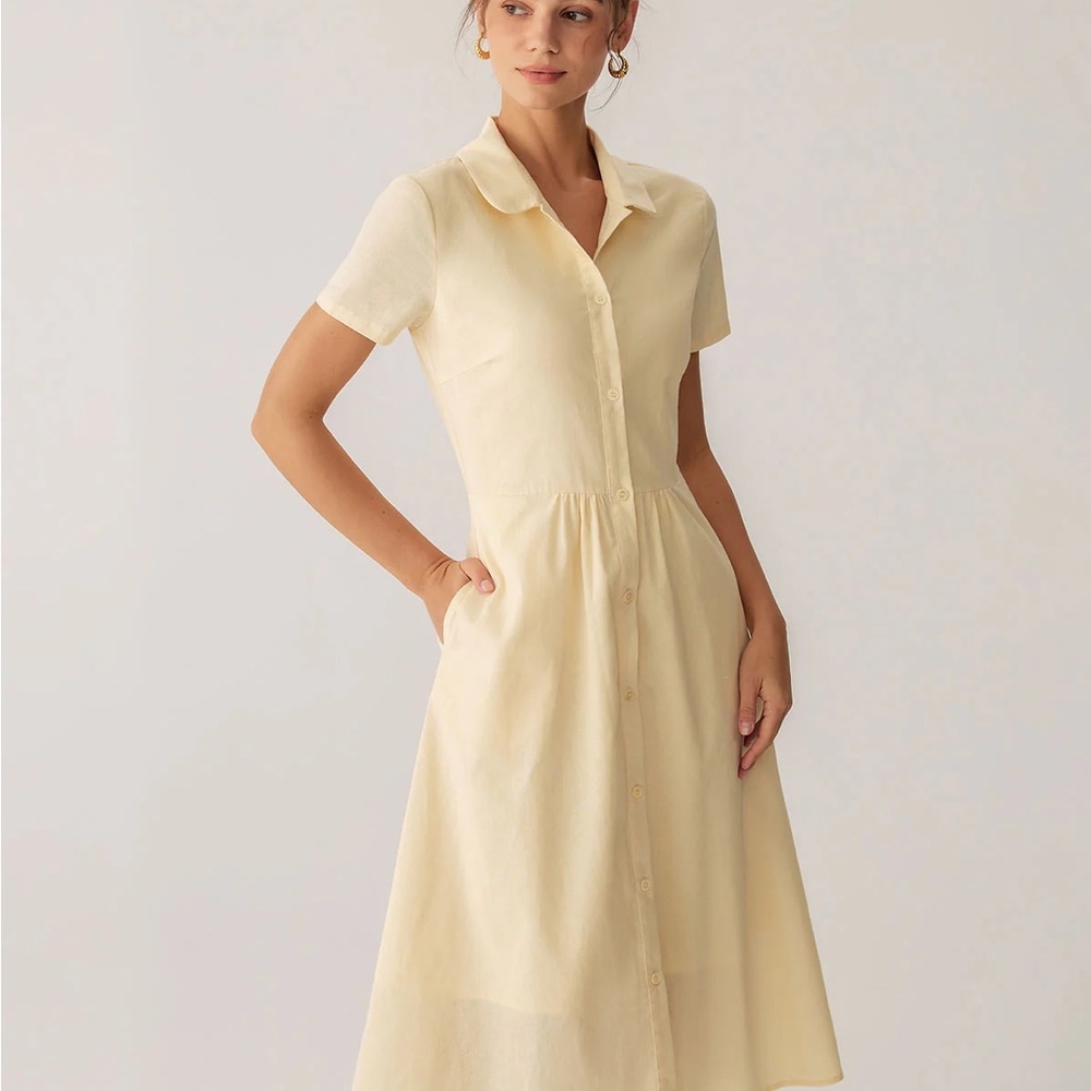 Yellow Button Short Sleeve Midi Dress - Picture 4 of 6